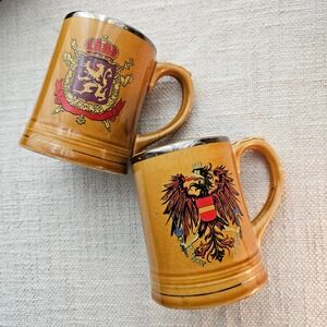 Vintage Gold German Coat of Arms Beer Stein Mugs Set of 2 Ceramic Tankard Crest